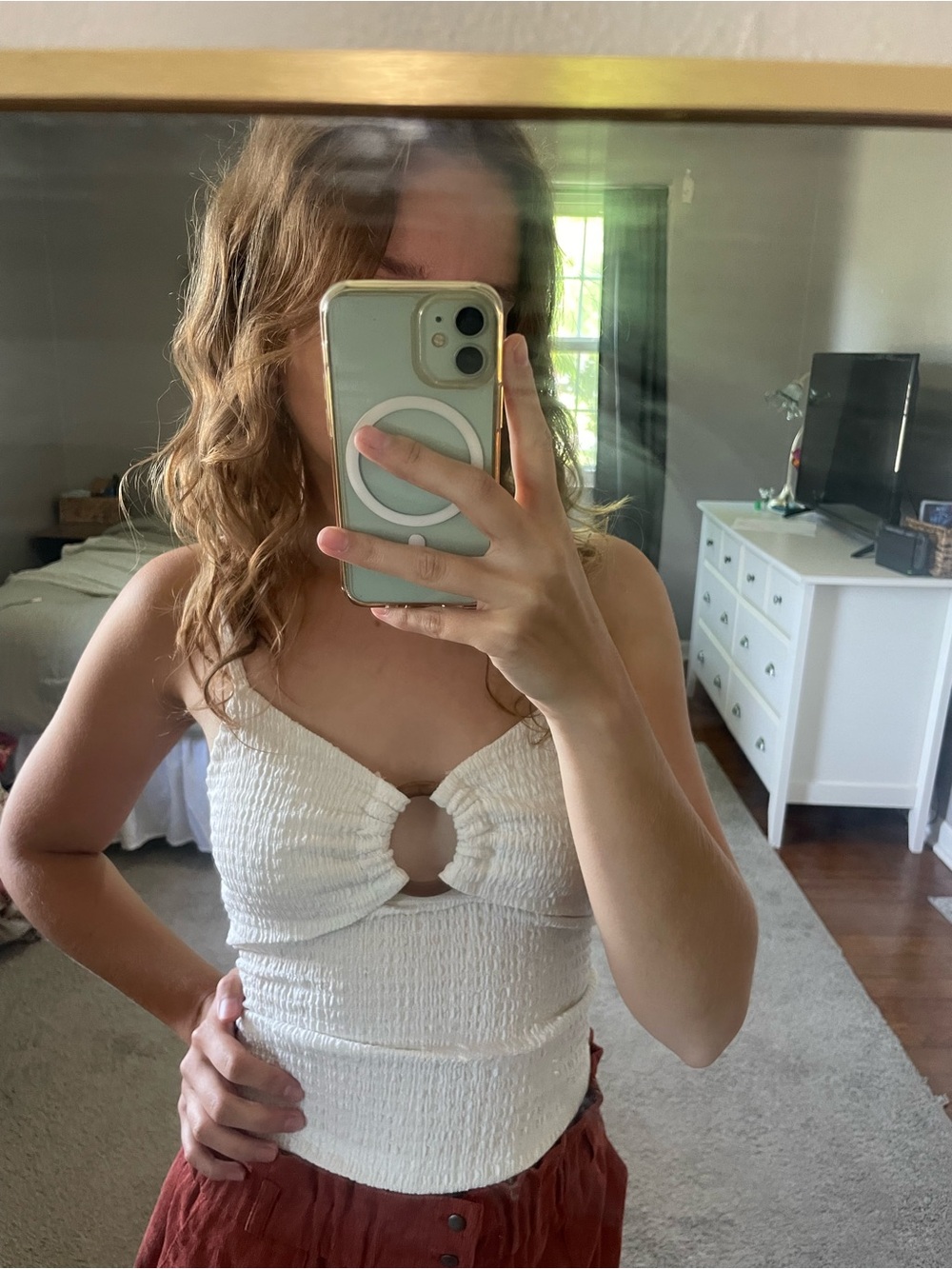 White Smocked Ring-Front Tank Top